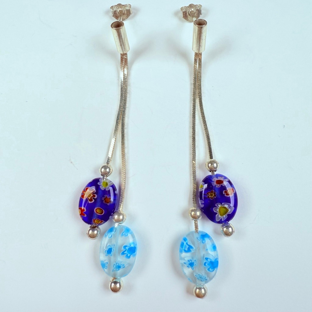 Blown Lamp Work Glass Bead Sterling Silver 925 Long Drop Vintage 2.3" Earrings - Picture 1 of 6